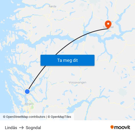 Lindås to Sogndal map