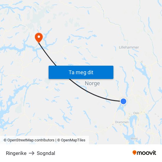 Ringerike to Sogndal map