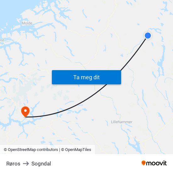 Røros to Sogndal map