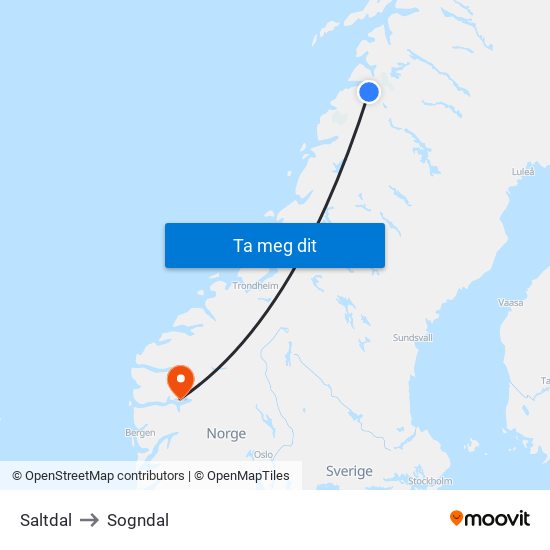 Saltdal to Sogndal map