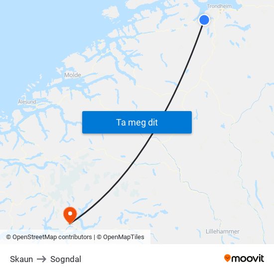 Skaun to Sogndal map