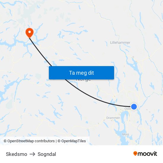Skedsmo to Sogndal map