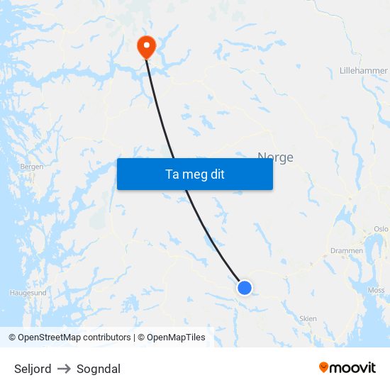 Seljord to Sogndal map