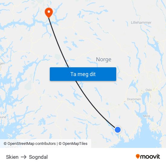 Skien to Sogndal map