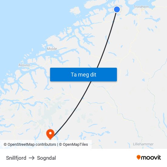 Snillfjord to Sogndal map