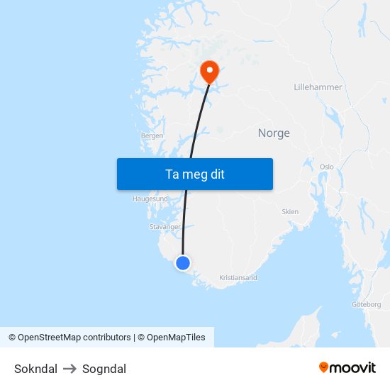 Sokndal to Sogndal map