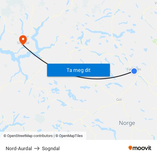 Nord-Aurdal to Sogndal map