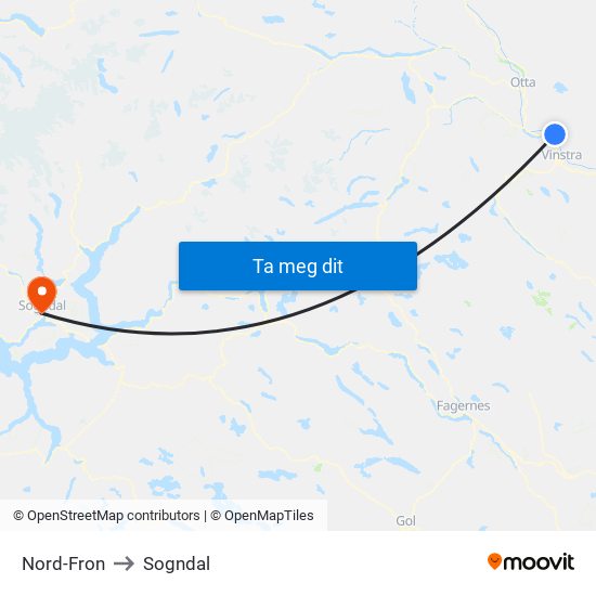 Nord-Fron to Sogndal map