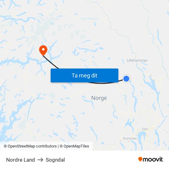 Nordre Land to Sogndal map