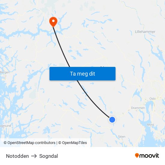 Notodden to Sogndal map