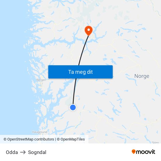 Odda to Sogndal map