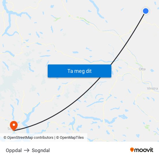 Oppdal to Sogndal map