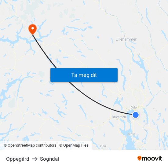 Oppegård to Sogndal map