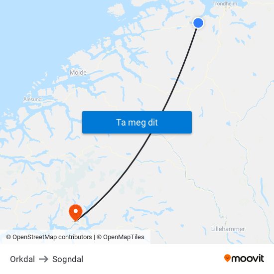 Orkdal to Sogndal map