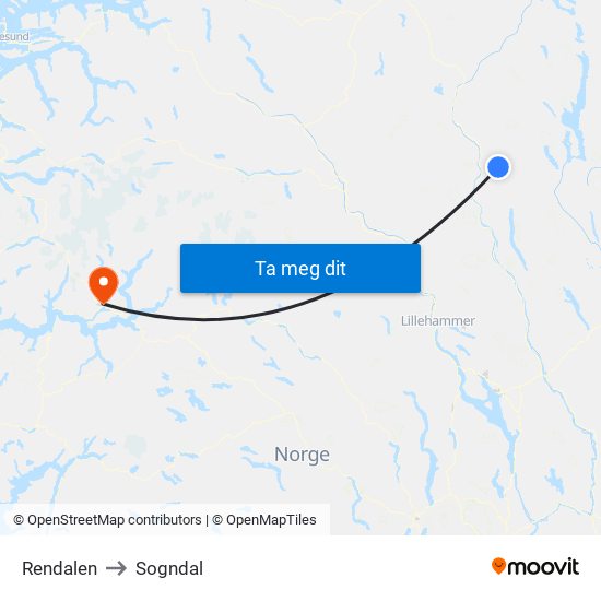 Rendalen to Sogndal map