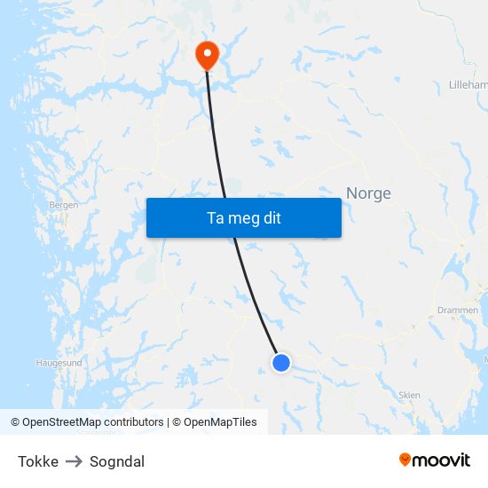 Tokke to Sogndal map