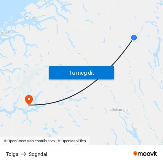 Tolga to Sogndal map