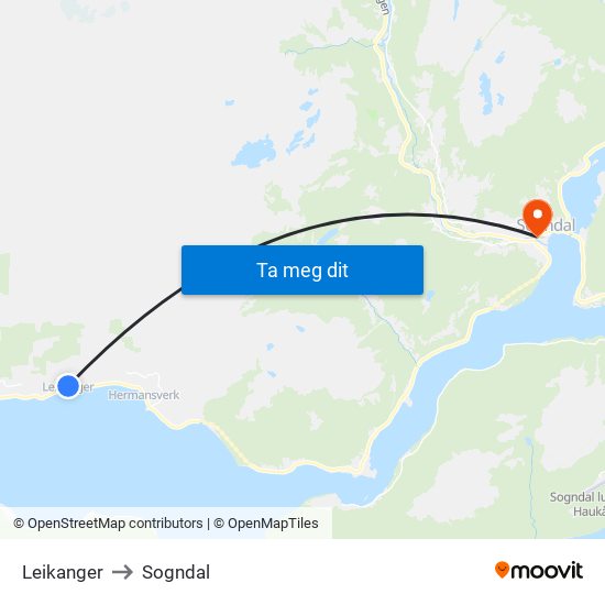 Leikanger to Sogndal map