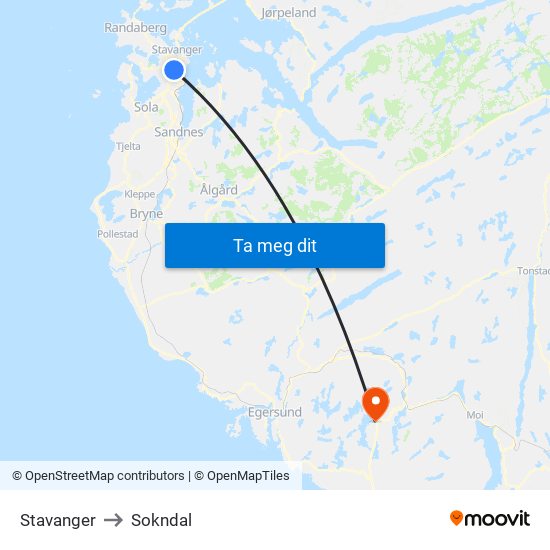 Stavanger to Sokndal map