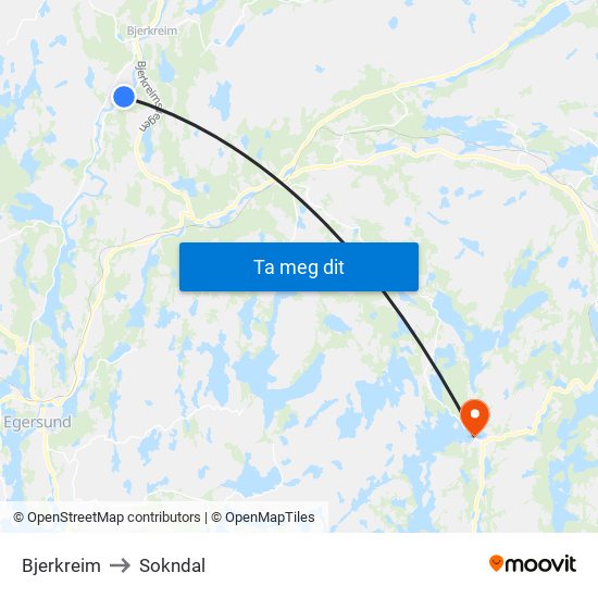 Bjerkreim to Sokndal map