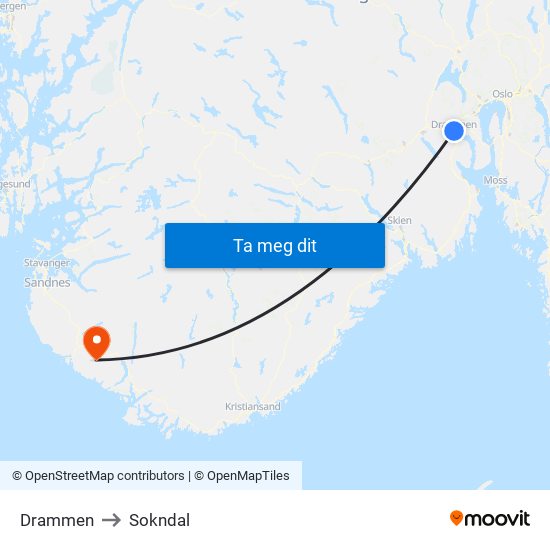 Drammen to Sokndal map