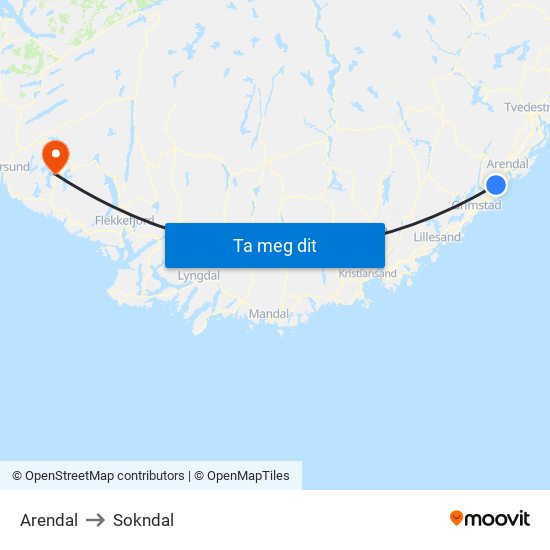 Arendal to Sokndal map