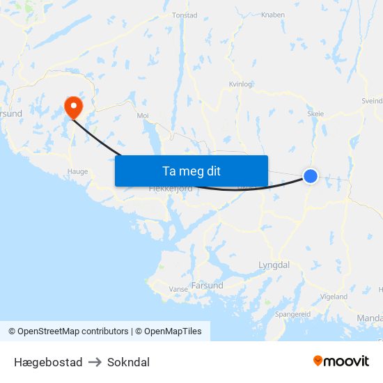 Hægebostad to Sokndal map