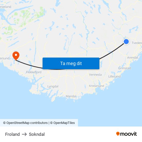 Froland to Sokndal map