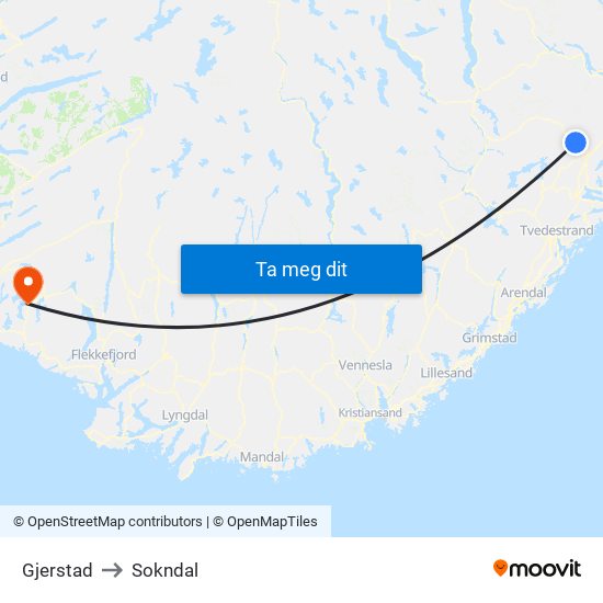 Gjerstad to Sokndal map