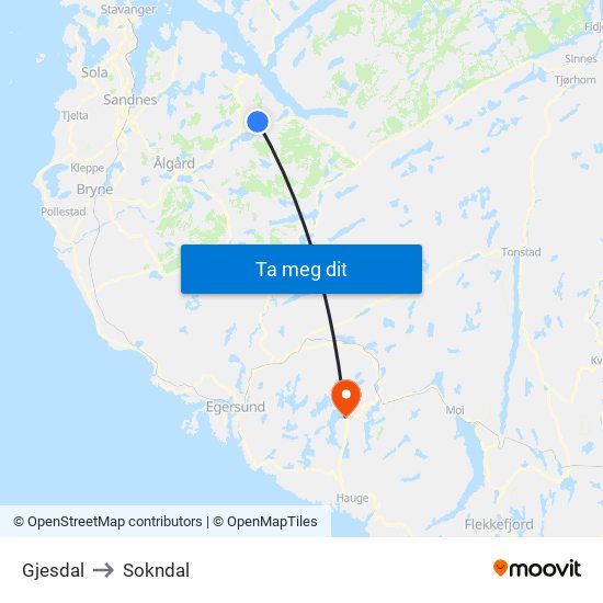 Gjesdal to Sokndal map