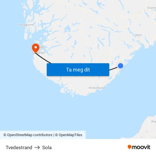 Tvedestrand to Sola map