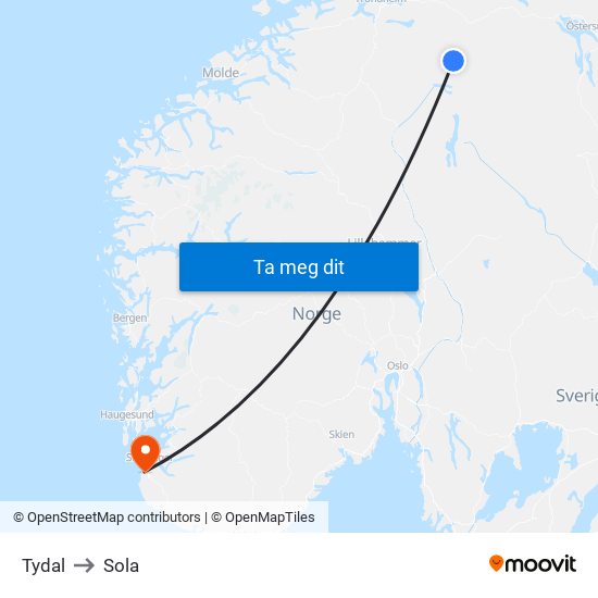 Tydal to Sola map