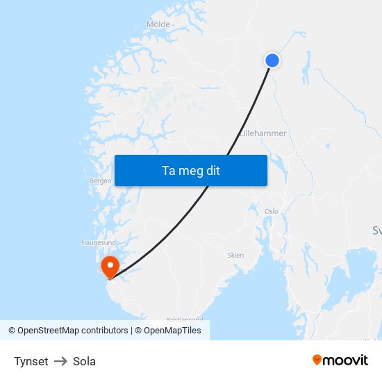 Tynset to Sola map
