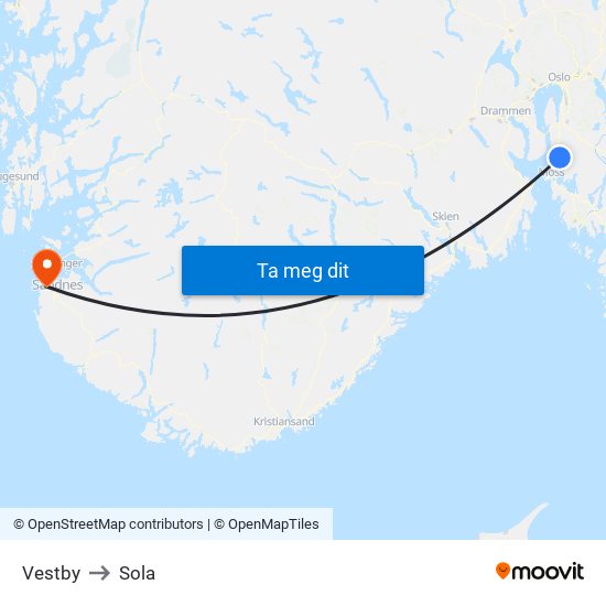 Vestby to Sola map