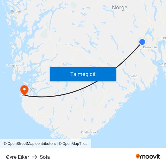 Øvre Eiker to Sola map