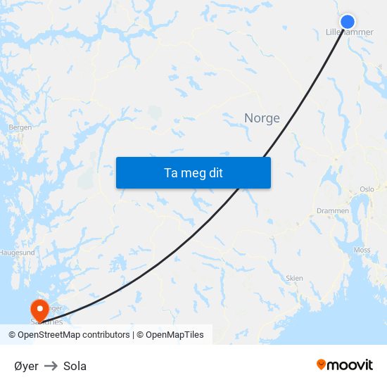 Øyer to Sola map