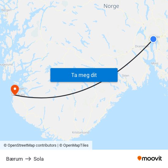 Bærum to Sola map
