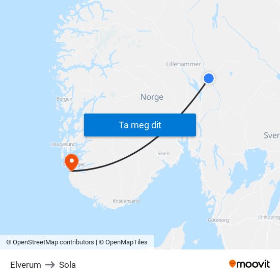 Elverum to Sola map