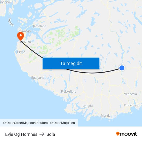 Evje Og Hornnes to Sola map