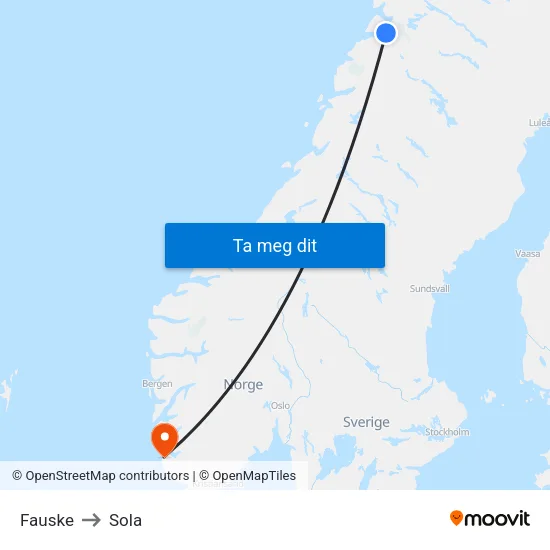 Fauske to Sola map