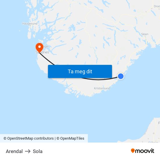 Arendal to Sola map