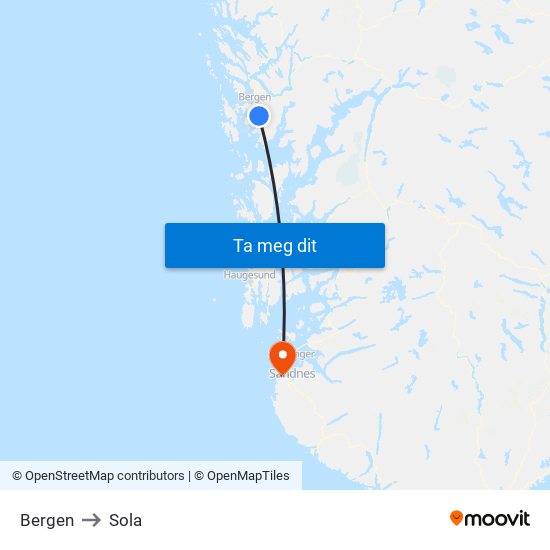 Bergen to Sola map