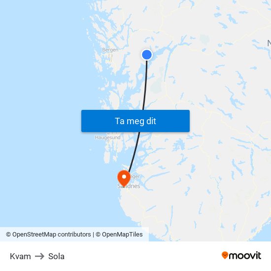 Kvam to Sola map