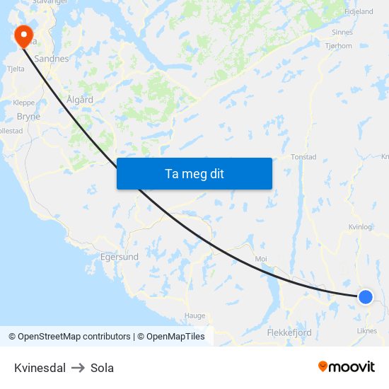 Kvinesdal to Sola map