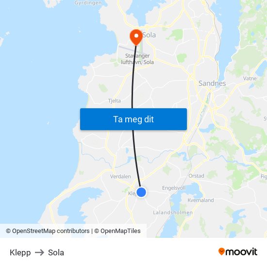 Klepp to Sola map