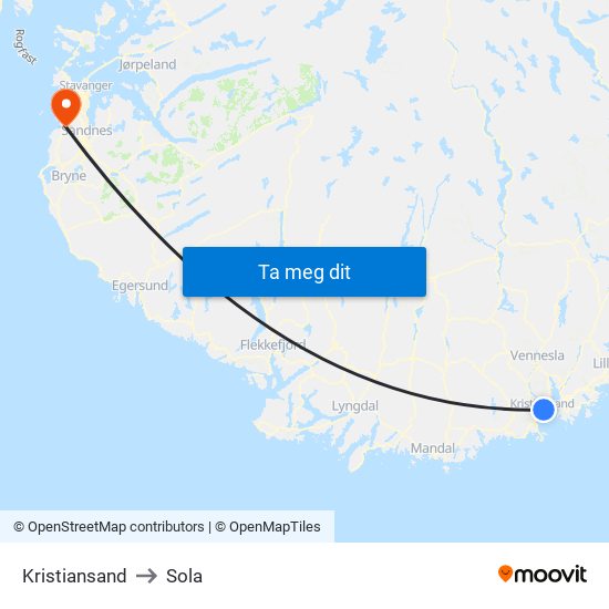 Kristiansand to Sola map