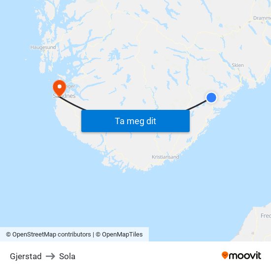 Gjerstad to Sola map