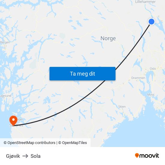Gjøvik to Sola map