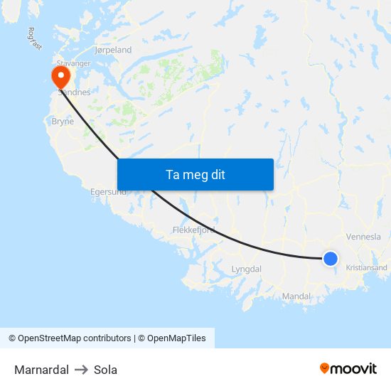 Marnardal to Sola map