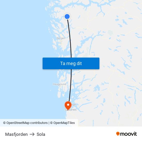 Masfjorden to Sola map
